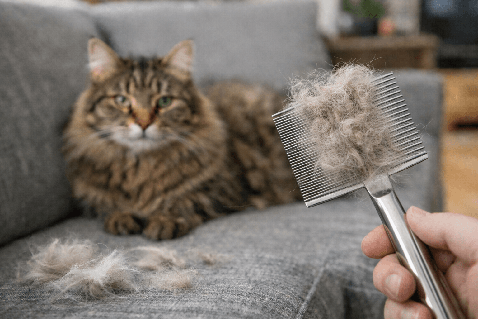 kat op de bank met haren