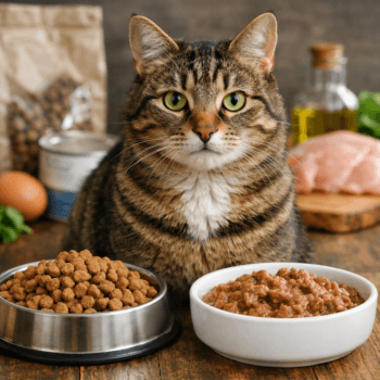 Kat met brokken en natvoer