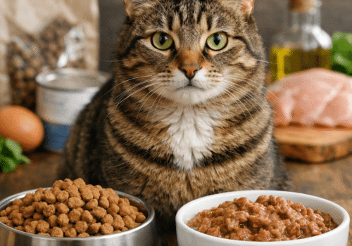 Kat met brokken en natvoer